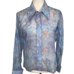 Shapely Blouse Women‎ L 17/18 Blue Floral Sheer 70s Pastel Dagger Watercolor VTG